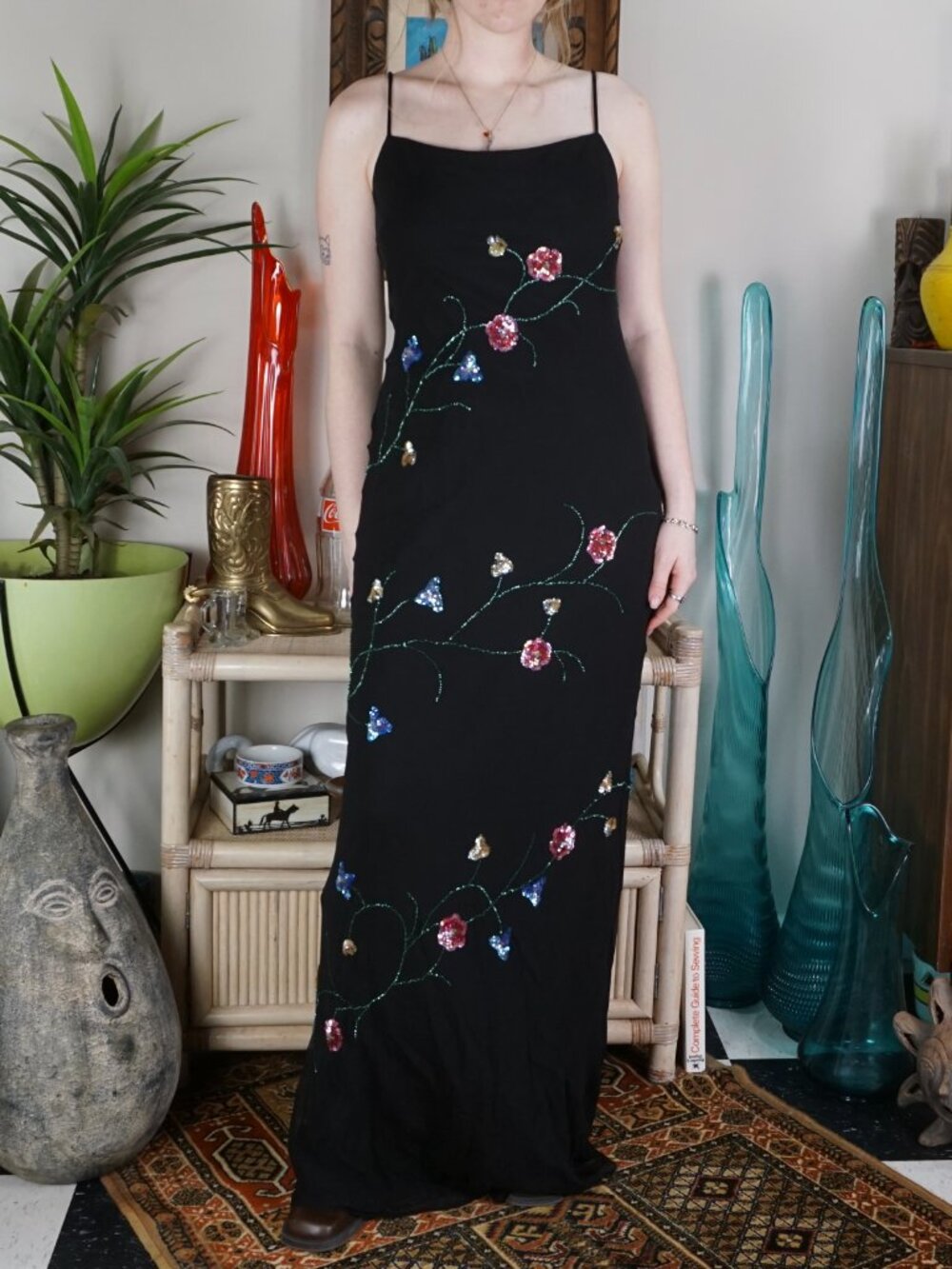 Vintage Betsy & Adam 100% silk beaded gown floral